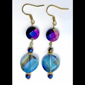 Purple Blue Ray Metallic and AB Colorized Crystal Round Twist Tile Earrings